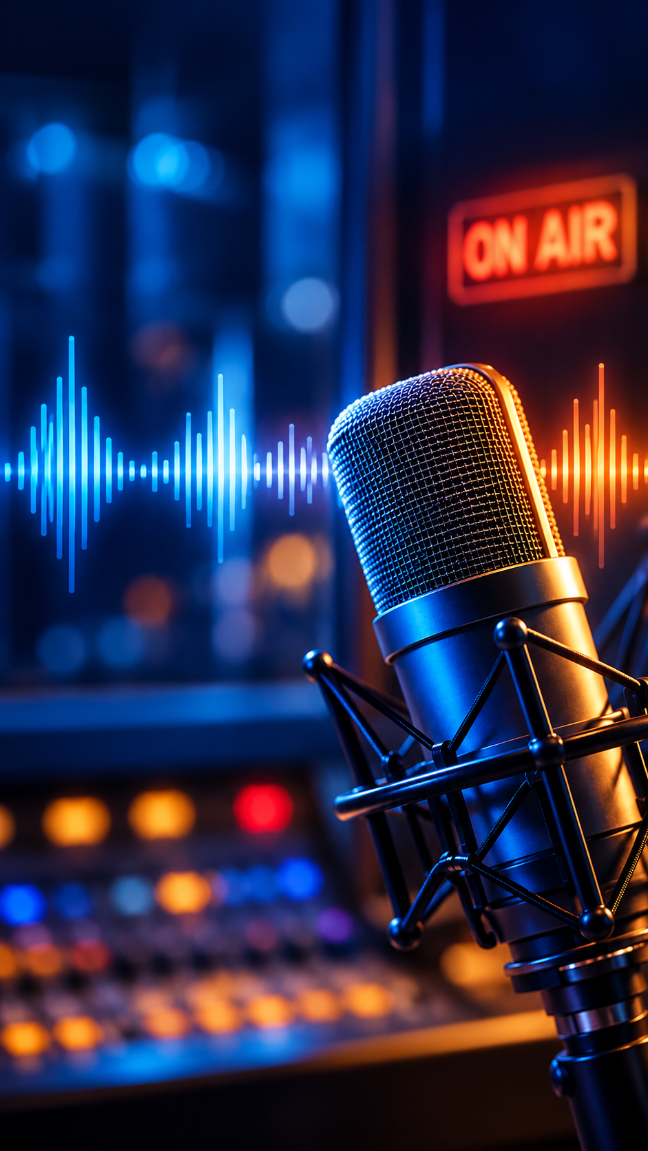 Broadcast microphone with illuminated sound waves in a radio studio